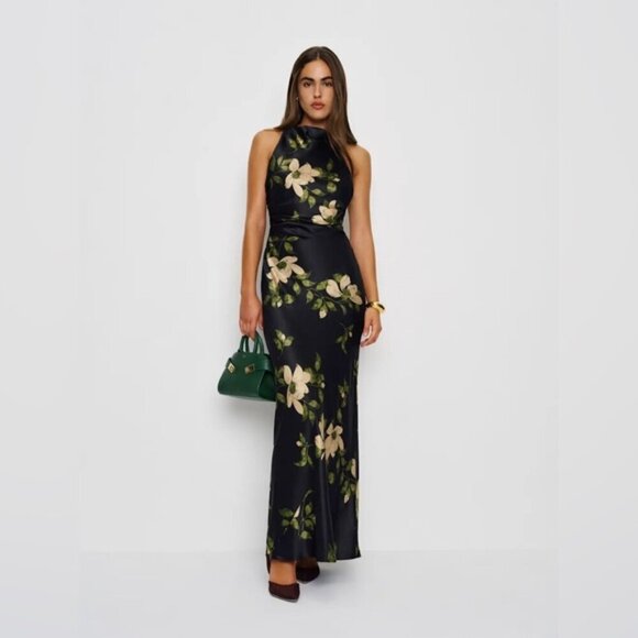NEW Reformation Anaiis Silk Long Black Floral Backless Dress Mood for Love US 6 - Picture 13 of 16